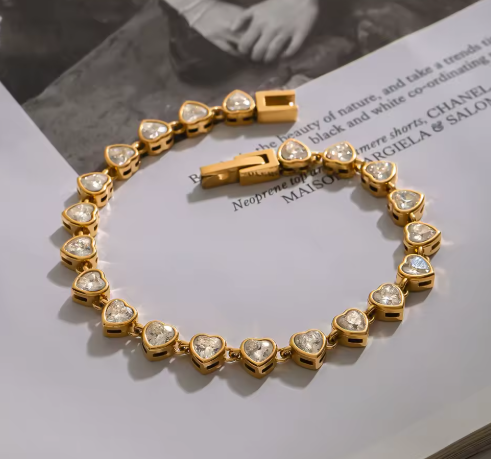 JD Trendy Tennis Bracelet Set 18K PVD Gold Plated Stackable Geometric Green White Zircon Heart Charms